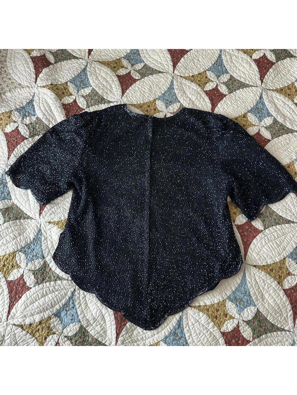 Black silk beaded fairy blouse Size L glam whimsigoth whimsical unique going out - Picture 4 of 5